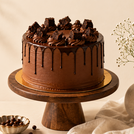 Nutella Brownie Cake — eggless chocolate drip cake topped with brownie chunks